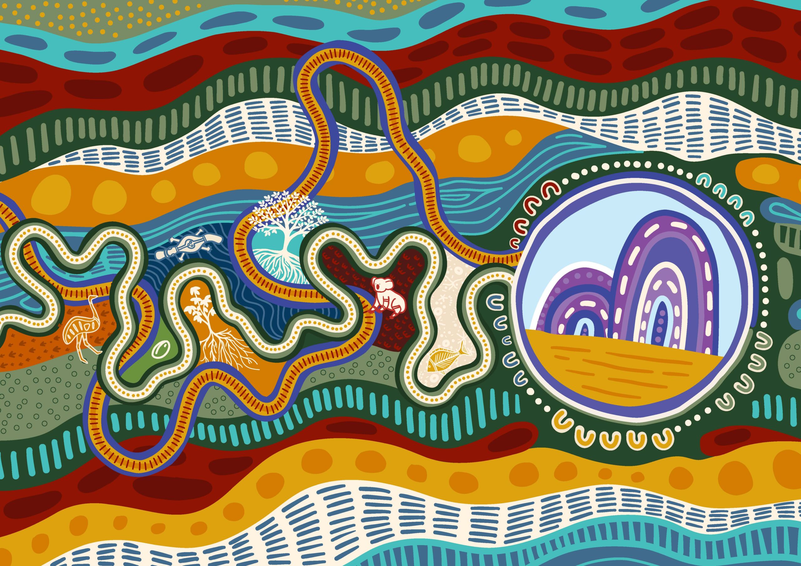 The embodied design reflects CHL’s ongoing journey of growth and its role in supporting communities across the housing sector. The design speaks to transformation over time. A seed becomes a nurtured tree, symbolising care, patience and long-term commitment. Winding pathways move across Country, travelling through red dirt landscapes, coastlines, rivers and waterways, forests and mountain ranges. These paths represent place-based engagement and the many journeys taken to connect with communities where they live and belong. The design tells a story of connection, movement and shared responsibility. It is a visual expression of walking alongside communities, grounded in Country and growing together with care and intention.